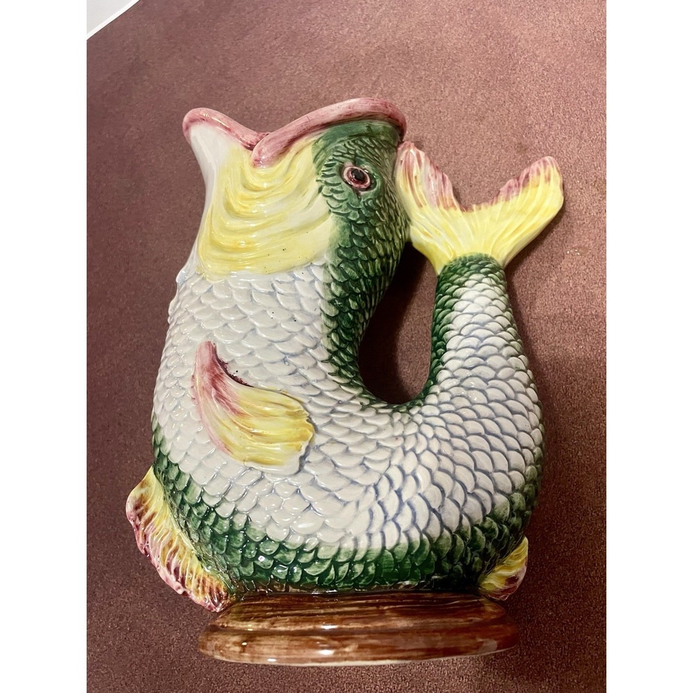 Italian Vintage Ceramic Pottery Vase Fish Shape Water Jug Large Festive 70'